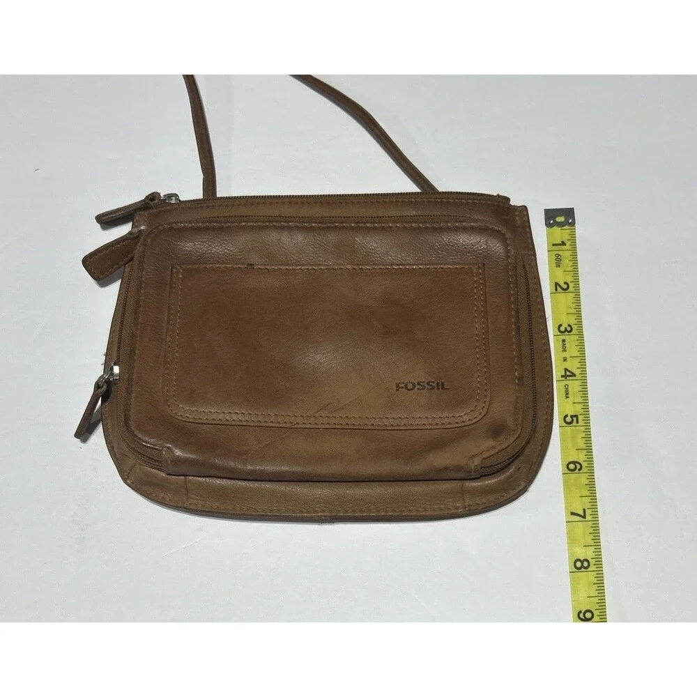 Fossil Small Leather Handbag Cognac Brown Crossbody Organizer Purse Double Zip